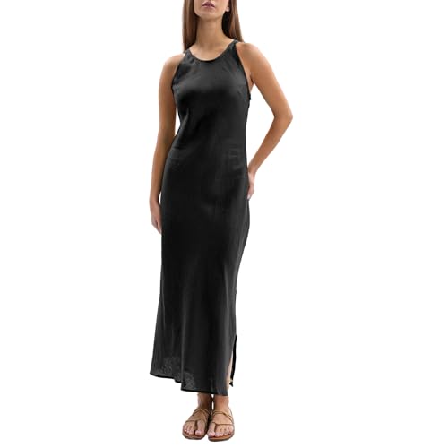 Amazhiyu Leinenkleider Damen Sommer, Leinen Maxikleid Sommerkleid Ärmellos Bodycon Kleid Damenkleider Strandkleid Lang Mit Schlitz, Schwarz, S von Amazhiyu
