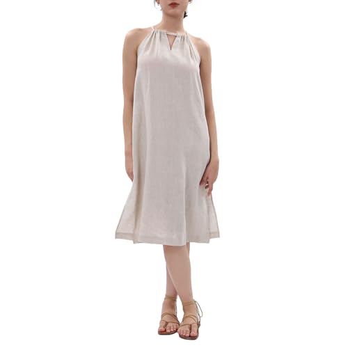 Amazhiyu Leinenkleider Damen Sommer, Leinen Midikleid Damenkleider Neckholder Kleid Ärmellos Spaghettiträger Trägerkleid Sommerkleid Knielang Freizeit Kleider Mit Taschen, Leinen, M von Amazhiyu