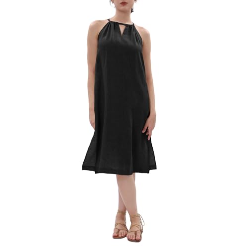 Amazhiyu Leinenkleider Damen Sommer, Leinen Midikleid Damenkleider Neckholder Kleid Ärmellos Spaghettiträger Trägerkleid Sommerkleid Knielang Freizeit Kleider Mit Taschen, Schwarz, S von Amazhiyu