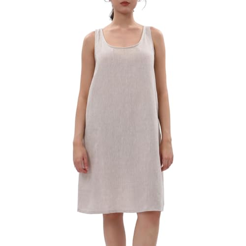 Amazhiyu Leinenkleider Damen Sommer Kleider Damenkleider Ärmellos Sommerkleid Midi Knielang A Linien Midikleid Leinen Kleid Strandkleid Freizeit U-Ausschnitt Tank Kleider Mit Taschen, Leinen, L von Amazhiyu