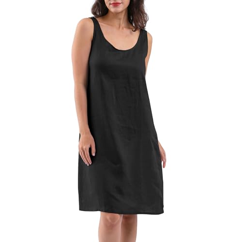 Amazhiyu Leinenkleider Damen Sommer Kleider Damenkleider Ärmellos Sommerkleid Midi Knielang A Linien Midikleid Leinen Kleid Strandkleid Freizeit U-Ausschnitt Tank Kleider Mit Taschen, Schwarz, S von Amazhiyu