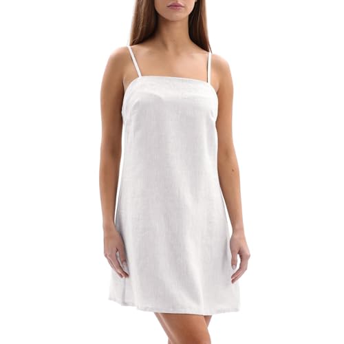 Amazhiyu Damenkleider Sommer Leinenkleid Damen A Linien Leinen Kleid Leichtes Sommerkleid Kurz Minikleid Ärmellos Strandkleid Spaghettiträger Trägerkleid, Weiß, S von Amazhiyu
