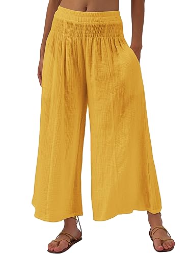 Amazhiyu Palazzo Damenhose mit weitem Bein, fließend, hohe Taille, lässige Lounge-Yogahose mit Taschen, gelb, S von Amazhiyu