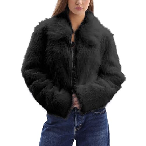 Amazhiyu Pelzmantel Damen, Felljacke Kunstfell Jacke Kunstpelz Mantel Pelzjacke, Kurz Plüschmantel Wintermantel Jacken, Faux Fur Coat Mit Reißverschluss und Pockets, Schwarz, S von Amazhiyu