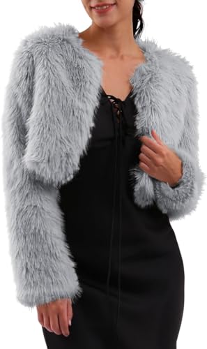 Amazhiyu Pelzmantel Damen, Felljacke Kurz Kunstfell Jacke Kunstpelz Mantel, Plüsch Pelzjacke Fleecemantel Langarm Faux Fur Coat, Wintermantel Jacken Offenem Kragen, SilberGrau, M von Amazhiyu