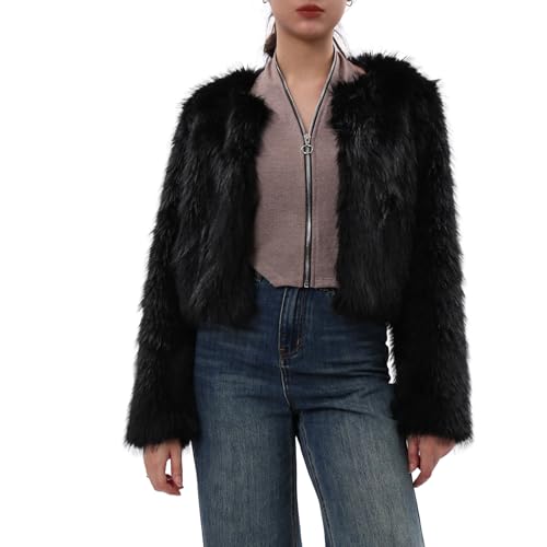 Amazhiyu Pelzmantel Damen, Kunstfell Jacke Kurz Kunstpelz Mantel Felljacke Plüsch Pelzjacke Fleecemantel Langarm Faux Fur Coat Wintermantel Jacken Offenem Kragen Mit Taschen, Schwarz, L von Amazhiyu