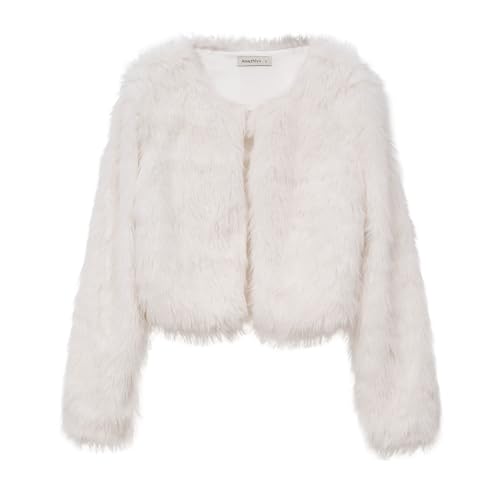 Amazhiyu Pelzmantel Damen, Kunstfell Jacke Kurz Kunstpelz Mantel Felljacke Plüsch Pelzjacke Fleecemantel Langarm Faux Fur Coat Wintermantel Jacken Offenem Kragen Mit Taschen, Weiß, L von Amazhiyu