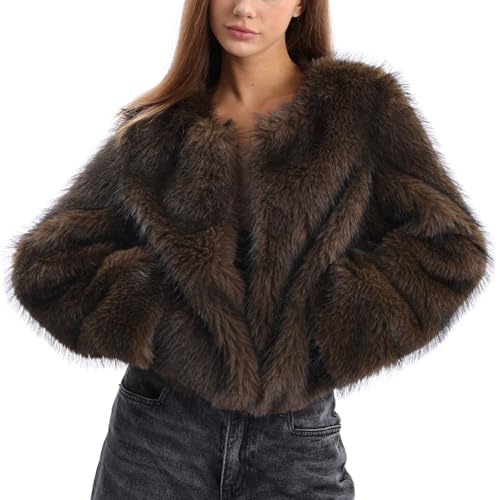 Amazhiyu Pelzmantel Damen, Plüschjacke Kurz Kunstpelz Mantel Kunstfell Jacke, Felljacke Pelzjacke Fleecemantel Langarm Faux Fur Coat, Wintermantel Offenem Kragen Mit Pockets, Braun, L von Amazhiyu