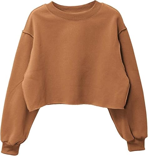 Amazhiyu Pullover Damen Beschnitten Pullover Sweatshirt Langarm Rundhals Pulli Herbst Winter ohne Kapuze Bluse Tops braun von Amazhiyu