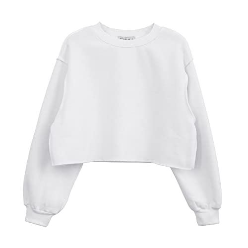 Amazhiyu Pullover Damen Beschnitten Pullover Sweatshirt Langarm Rundhals Pulli Herbst Winter ohne Kapuze Bluse Tops weiß von Amazhiyu