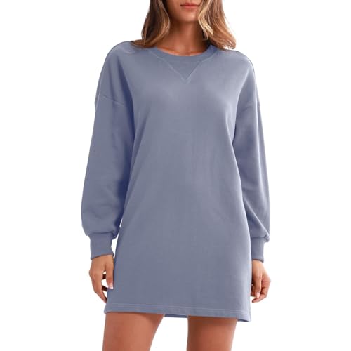 Amazhiyu Sweatkleid Damen, Pullover Lang Langarm Kleider Longshirt Tops Langarmshirt Oversized Basic Sweashirt Tunika Shirt Kleid Rundhalsausschnitt Minikleid Herbst Winter, Blau, M von Amazhiyu