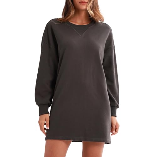 Amazhiyu Sweatkleid Damen, Pullover Lang Langarm Kleider Longshirt Tops Langarmshirt Oversized Basic Sweashirt Tunika Shirt Kleid Rundhalsausschnitt Minikleid Herbst Winter, Karbon Grau, S von Amazhiyu