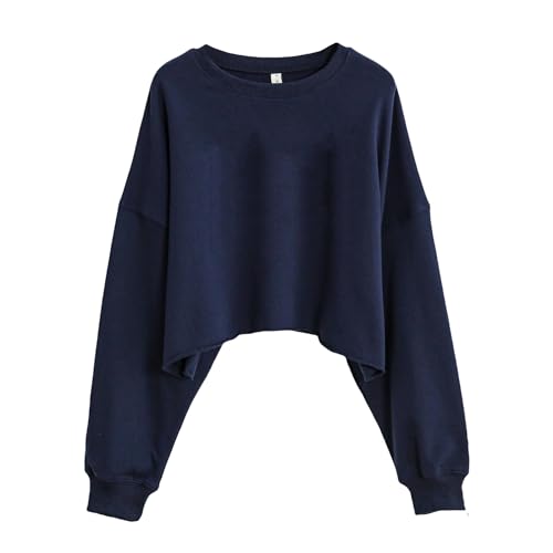 Amazhiyu Damen Sweatshirt, Crop Pullover Ohne Kapuze, Damenpullover Baumwolle Langarm Casual Basic Pulli Oversized Langarmshirt Oberteile Tops, Blau, L von Amazhiyu