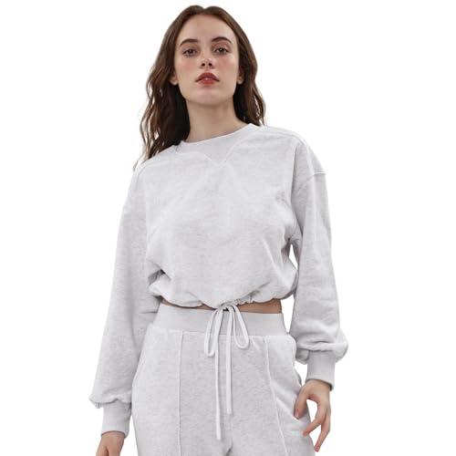 Amazhiyu Sweatshirt für Damen Crop Pullover Herbst Damenpullover Hoodie Ohne Kapuze Langarm Basic Pulli Baumwolle Langarmshirt Tops Bauchfreies Oberteile Winter Mit Kordelzug, Grau, M von Amazhiyu