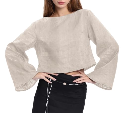 Amazhiyu T Shirts Damen Crop Top Langarm 100% Leinen Longsleeve Kurz Shirt Locker Langarmshirt Womens Sommertops Casual Tshirt Basics Oberteil, Linen, M Amazhiyu T Shirts Damen Crop Top Langarm 100% Leinen Longsleeve Kurz Shirt Locker Langarmshirt Womens Sommertops Casual Tshirt Basics Oberteil, Linen, M von Amazhiyu