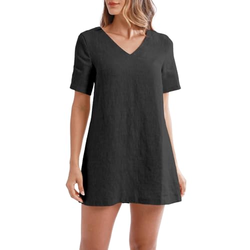 Amazhiyu Tshirt Kleid Damen, Leinenkleid Shirtkleid Kurz Damenkleider Sommer A Linie Kleid V-Ausschnitt Minikleid Kurzarm Mit Reißverschluss, Schwarz, XL von Amazhiyu