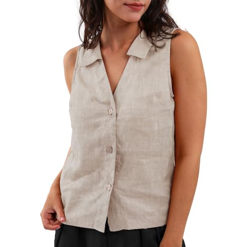 Amazhiyu Weste Damen Leinenweste Ärmellos Anzugweste Damen-Westen, V-Ausschnitt Weste Kurz Damenwesten Elegant, Knopfleiste, Regular Fit, Leinen, S von Amazhiyu