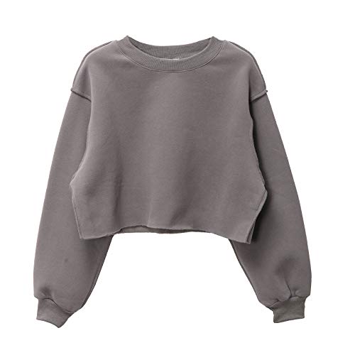 Amazhiyu Damen Pullover Fleece Cropped Hoodie Lange Ärmel Casual Crop Top für Herbst Winter, grau, 38 von Amazhiyu