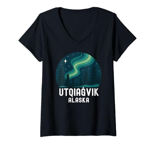 Damen Utqiagvik Alaska Aurora Arktische Nordlichter Inupiat-Reise T-Shirt mit V-Ausschnitt Damen Utqiagvik Alaska Aurora Arktische Nordlichter Inupiat-Reise T-Shirt mit V-Ausschnitt von Amazing Alaska Apparel