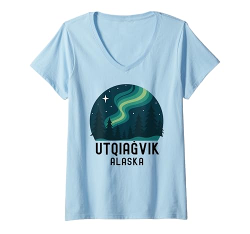 Damen Utqiagvik Alaska Aurora Arktische Nordlichter Inupiat-Reise T-Shirt mit V-Ausschnitt von Amazing Alaska Apparel