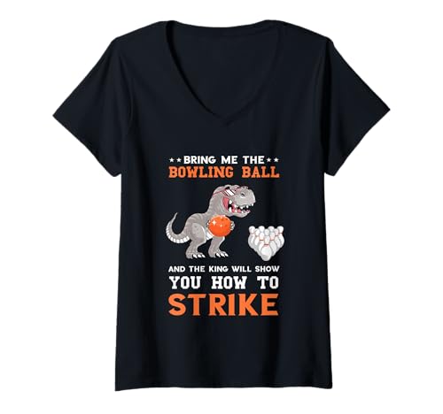 Damen T-Rex Dino Bowler Bowler Bowling Pins Bring Me The Ball Bowling T-Shirt mit V-Ausschnitt von Amazing Bowler Strikes Bowling Sports