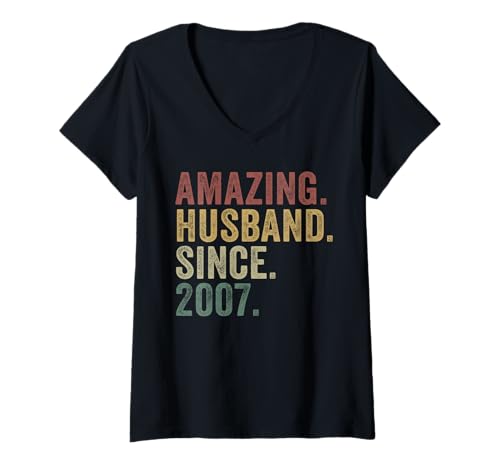 Damen Toller Ehemann seit 2007 Lustiges Jubiläum eines verheirateten Mannes T-Shirt mit V-Ausschnitt von Amazing Husband Since 2007