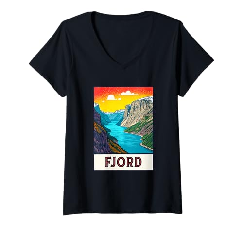Damen Atemberaubende Fjordszene mit Retro-Farben T-Shirt mit V-Ausschnitt Damen Atemberaubende Fjordszene mit Retro-Farben T-Shirt mit V-Ausschnitt von Amazing Landscapes Designs Co.
