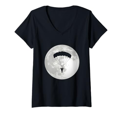 Damen Fallschirmspringender Mond Fallschirmjäger Paragliding T-Shirt mit V-Ausschnitt Damen Fallschirmspringender Mond Fallschirmjäger Paragliding T-Shirt mit V-Ausschnitt von Amazing Skydiver Parachuting Skydive