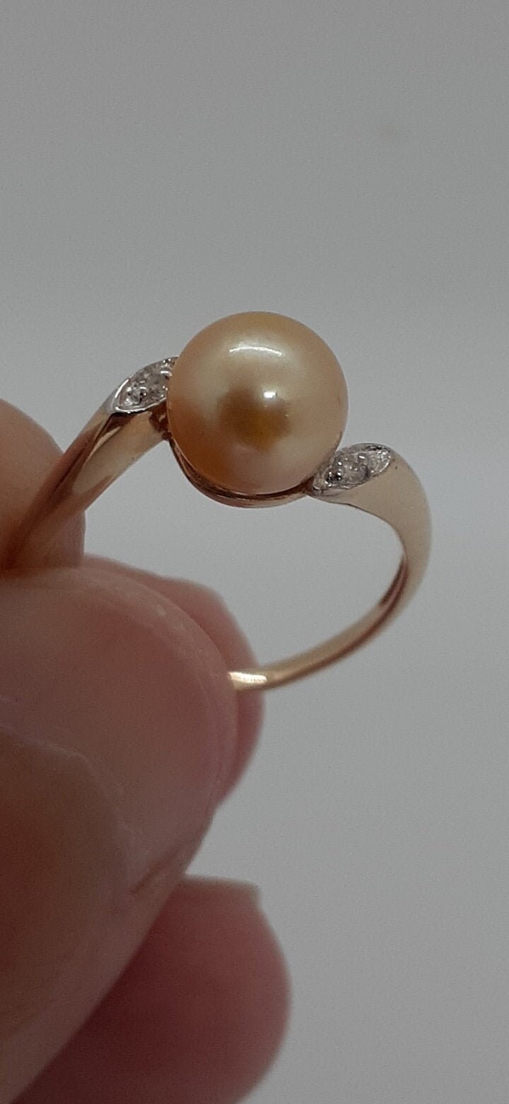 14K 7-8mm Süßwasser Perle Ring, Gelbgold. Ring Goldene Und Schokoladenbraune & Diamant, Grösse 7 von AmazingByAlexander