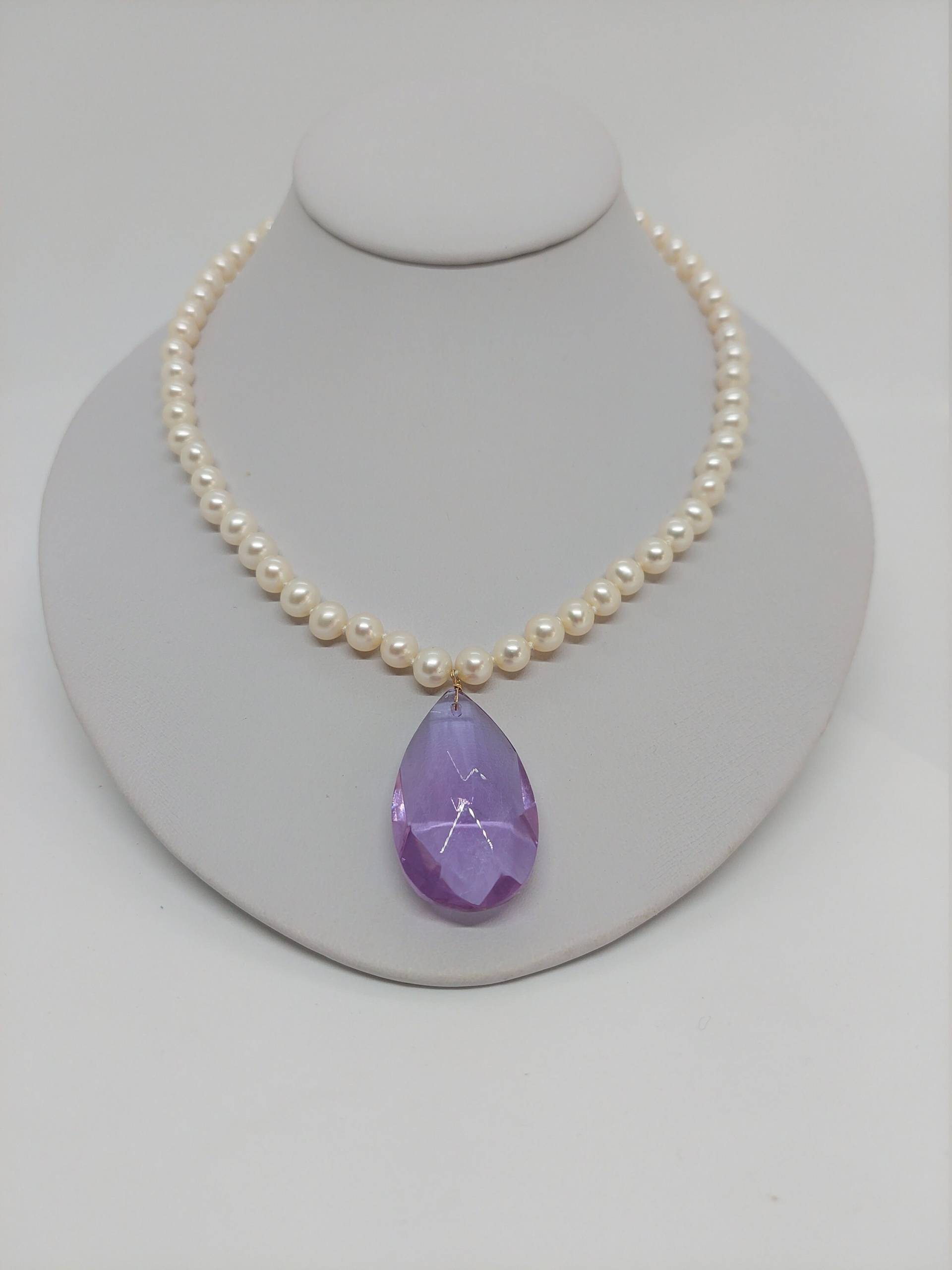 14K Gelbgold Filigraner Verschluss Facettierte Klare Amethyst 35x20mm Süßwasserperle 6-7mm Einzelstrang 43 cm Halskette von AmazingByAlexander