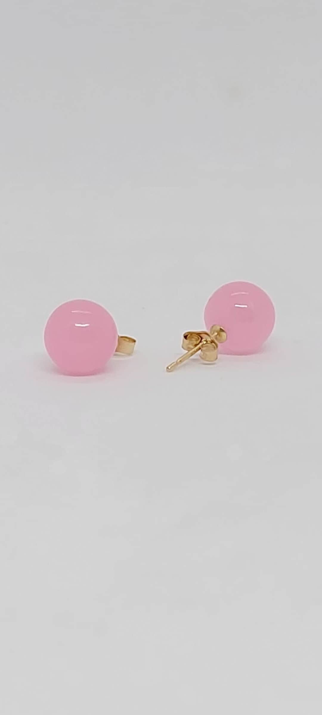 Pink Jade 8mm 14K Gelbgold Ohrring, Push Back Ohrring. Vintage von AmazingByAlexander