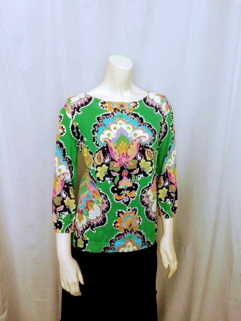 Chaps Casmere Feinstrick Top/Hellgrün Paisley Muster Leichter Pullover Multicolor Einzigartiges Frauen Langarm Designer Top/N469 von AmazingClosetShop