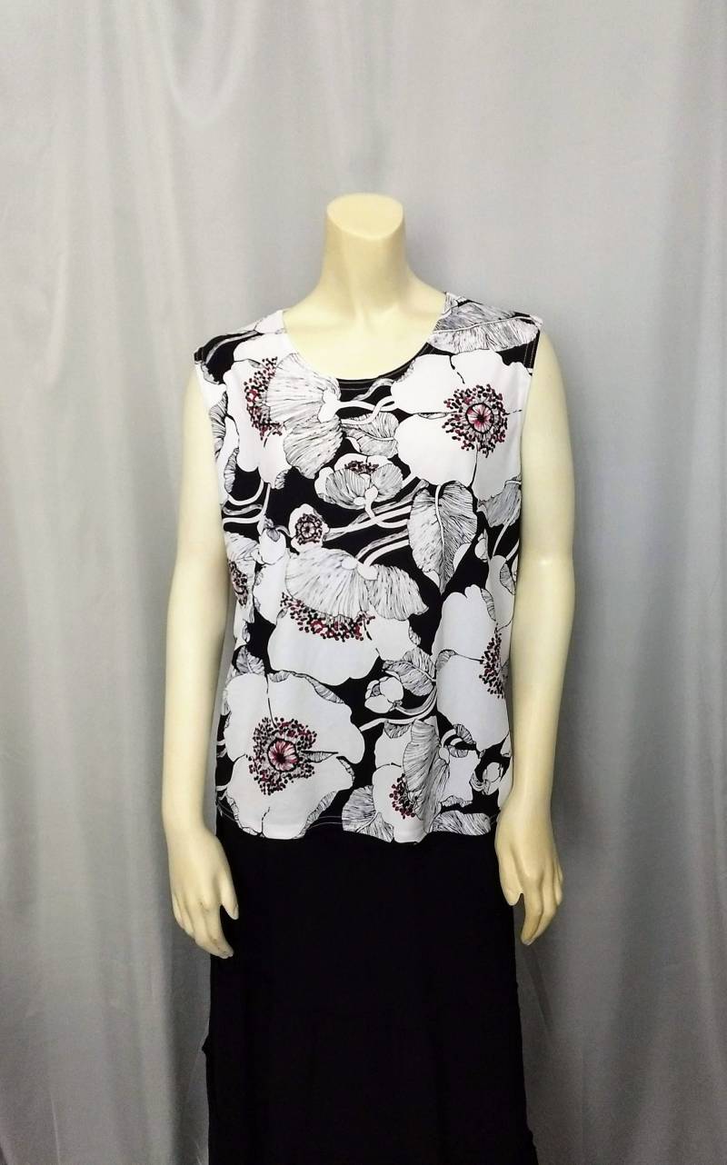 Vtg Gr. Xl Floral Top/ Ärmellose Bluse Schwarz Weiß/ Großes Blumen Muster Nr.484 von AmazingClosetShop