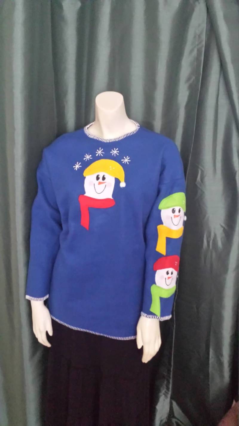 Winter Fleece Schneemann Deko Pullover Top/Urlaub Royalblau Weich Warm Bequem Applikation Behaglich Top/Geschenkidee/Größe Xl/098 von AmazingClosetShop