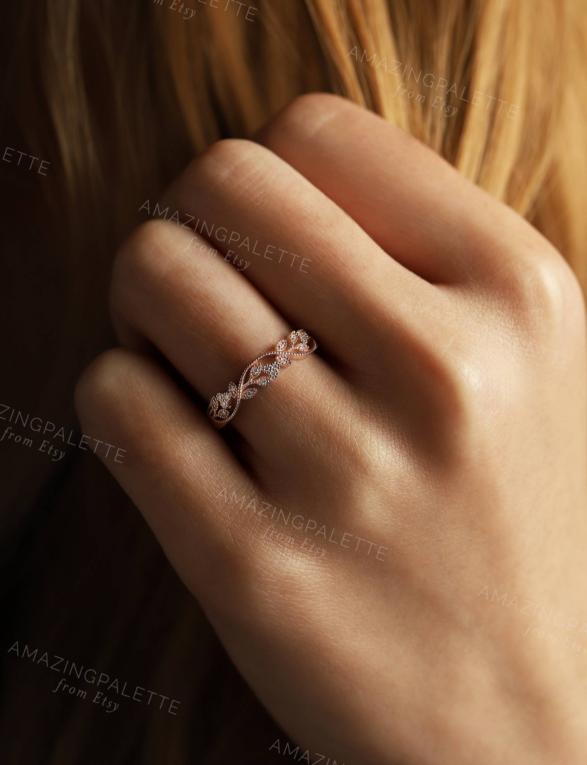 Moissanite Ehering Milgrain Ring Unikat Diamant Blatt Stil Rosegold Antik Art Deco Brautring Jubiläum von AmazingPalette