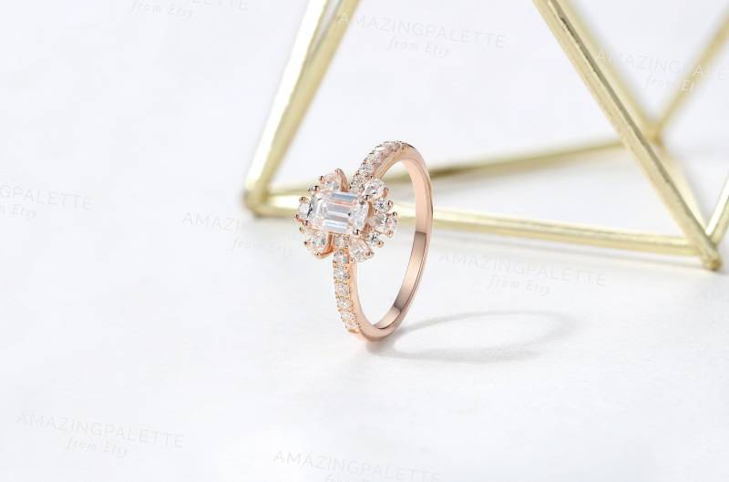 Oktagon Moissanit Verlobungsring Rosegold Ring Blume Form Zierlicher Vintage Art Deco Halbe Ewigkeit Versprechen Jahrestag von AmazingPalette