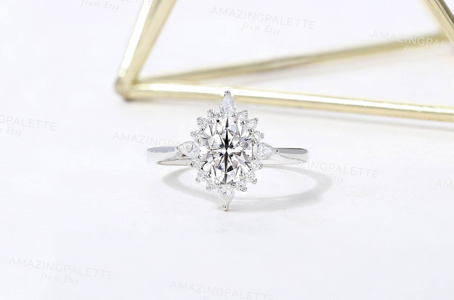 Weißer Moissanite Verlobungsring Ovalschliff Weißgold Ring Heiligenschein Zart Vintage Art Deco Diamant Unikat Braut Verlobung Jubiläum von AmazingPalette