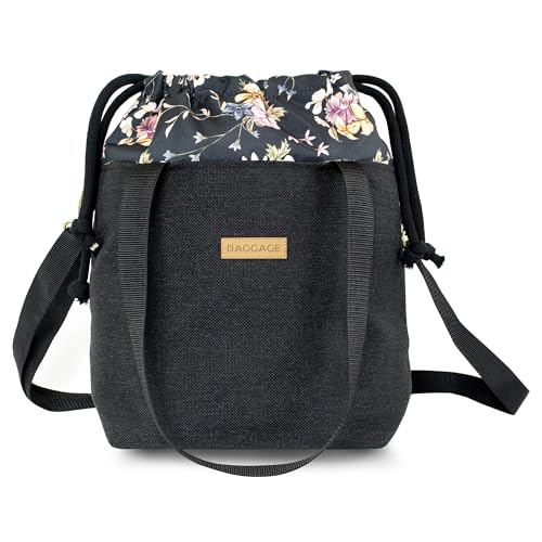 Amazinggirl Handtasche Beuteltasche Damen Tasche A4 oder A5 - Schultertasche Shopper Bag Stofftasche Stoffbeutel mit Innentasche Einkaufstasche Beutel als große Umhängetasche Blumen Schwarz von Amazinggirl