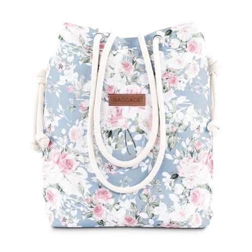 Amazinggirl Handtasche Beuteltasche Damen Tasche A4 oder A5 - Schultertasche Shopper Bag Stofftasche Stoffbeutel mit Innentasche Einkaufstasche Beutel als große Umhängetasche Blumen Grau von Amazinggirl