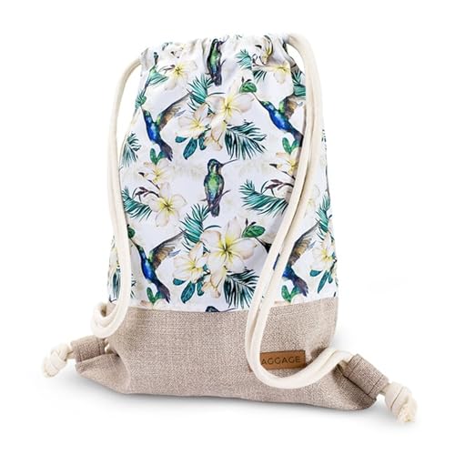 Turnbeutel Sportbeutel für Damen - Beuteltasche oder Rucksackhandtasche Beutel Rucksack 2 in 1 als Rucksacktasche oder Handtasche Stoffbeutel mit Kordelzug oder Taschenrucksack Beige mit Blumen von Amazinggirl