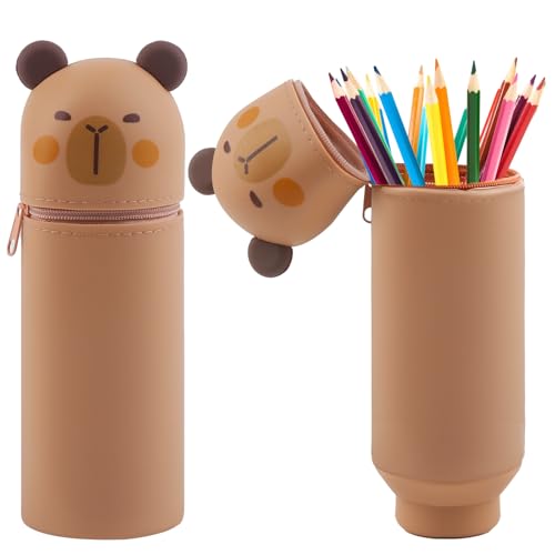 Amazluck Capybara Federmäppchen, 2-in-1 Silikon Kawaii Schreibwaren mit Reißverschluss Federmäppchen Pencil Case 2-in-1 Stand Up Tischstifthalter Stifthalter Bleistifttasche Mädchen Junge für Schule von Amazluck