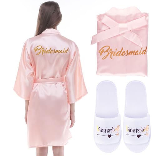 Bride Morgenmantel Damen Bademantel Satin Bride To Be Braut/Brautjungfern Bademantel Kimono Braut Hochzeit Pantoffeln mit Braut Kosmetiktasche für Brautjungfer Hochzeit Party Pool Pajama Party von Amazluck