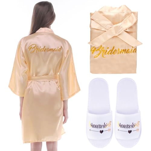 Bride Morgenmantel Damen Bademantel Satin Bride To Be Braut/Brautjungfern Bademantel Kimono Braut Hochzeit Pantoffeln mit Braut Kosmetiktasche für Brautjungfer Hochzeit Party Pool Pajama Party von Amazluck