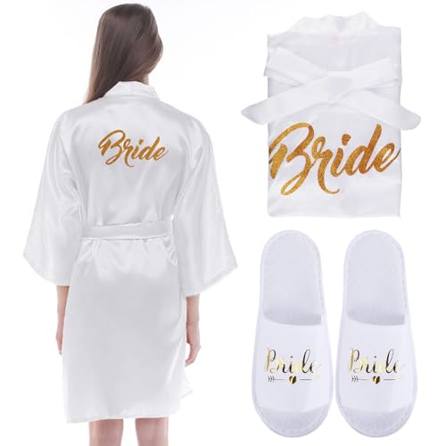 Bride Morgenmantel Damen Bademantel Satin Bride To Be Braut/Brautjungfern Bademantel Kimono Braut Hochzeit Pantoffeln mit Braut Kosmetiktasche für Brautjungfer Hochzeit Party Pool Pajama Party von Amazluck