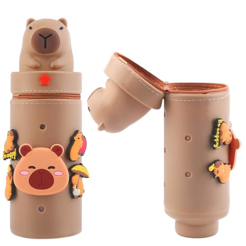 Capybara Federmäppchen, 2-in-1 Silikon Kawaii Schreibwaren mit Reißverschluss Federmäppchen Pencil Case 2-in-1 Capybara Stand Up Tischstifthalter Stifthalter Bleistifttasche Mädchen Junge für Schule von Amazluck