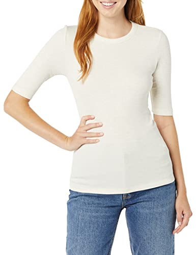 Amazon Aware Damen Geripptes T-Shirt aus Modal mit ellenbogenlangen Ärmeln und Rundhalsausschnitt (in Übergröße erhältlich), Haferbeige Meliert, 3XL Große Größen von Amazon Aware