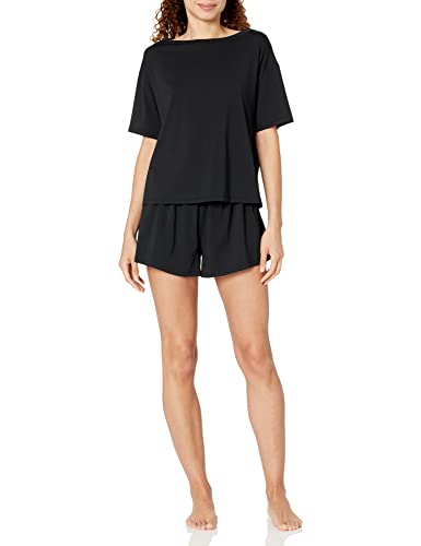 Amazon Aware Damen Set mit kurzärmligem T-Shirt und kurzer Hose aus Baumwollmodal in lockerer Passform (in Übergröße erhältlich), Schwarz, XL von Amazon Aware