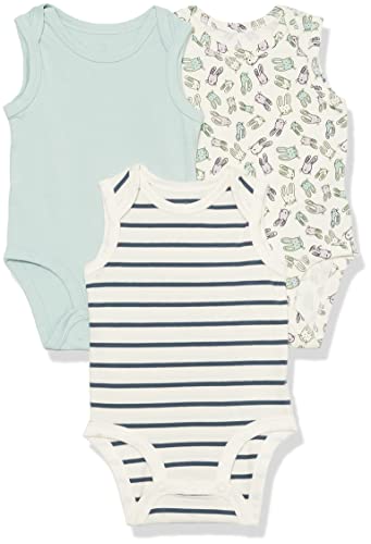 Amazon Essentials Unisex Baby Ärmelloser Body aus Baumwoll-Stretchjersey (zuvor Amazon Aware), 3er-Pack, Kaninchen/Streifen, 3-6 Monate von Amazon Essentials