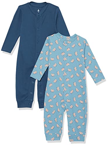 Amazon Essentials Unisex Baby Fußloser Overall aus Bio-Baumwolle (zuvor Amazon Aware), 2er-Pack, Blau Fuchsaufdruck/Marineblau, 0-3 Monate von Amazon Essentials