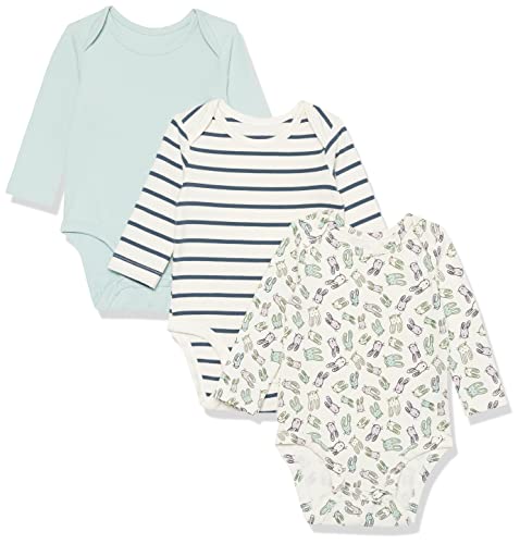 Amazon Essentials Unisex Baby Langärmliger Body aus Baumwoll-Stretchjersey (zuvor Amazon Aware), 3er-Pack, Beige Kaninchen/Marineblau Streifen/Staubblau, Frühchen von Amazon Essentials